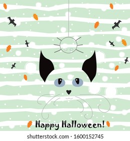 Halloween Holiday card with cat looking at hanging spider on a web. Flying bats and autumn leaves in the background. Vector Illustration