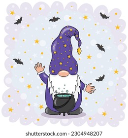 Halloween holiday card. cute dwarf brews a magic potion.  vector