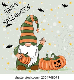 halloween holiday card .cute gnome holding a pumpkin in his hand.  vector