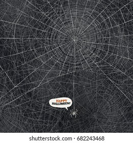 Halloween holiday card design. Spider says "Happy Halloween". Spider web vector background. 