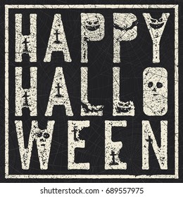 Halloween holiday card design with spiders web. "Happy Halloween". Grunge letters with grave, bats and pumpkins symbols.