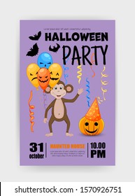 Halloween holiday card with monkey. Cartoon style. Vector illustration