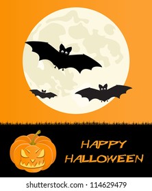 Halloween holiday card with scary pumpkin and bats