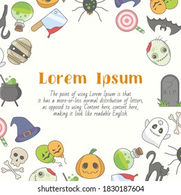 Halloween holiday - card with text and vector color illustrations of pumpkin, ghost, bat, spider, skull, cat and others for graphic design