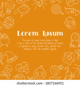 Halloween holiday - card with text and vector outline illustrations of pumpkin, ghost, bat, spider, skull, cat and others for graphic design