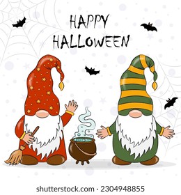 Tarjeta de feriado de Halloween. dos lindos gnomos con una escoba en la mano y con una poción mágica.  vector