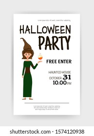 Halloween holiday card with witch. Cartoon style. Vector illustration