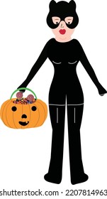 Halloween holiday cartoon character. Cute kids in costumes of witch, mummy, pirate, skeleton and black cat. Ghosts and ghost pumpkins.
