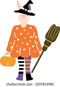 Halloween holiday cartoon character. Cute kids in costumes of witch, mummy, pirate, skeleton and black cat. Ghosts and ghost pumpkins.