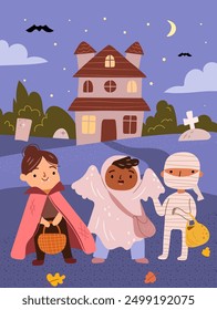 Personaje de dibujos animados de vacaciones de Halloween. Niños lindos en bruja, momia, esqueleto y traje de ángel. Ratones fantasma y murciélago espeluznante en el cielo nocturno. Ilustración vectorial de los niños en el fondo de la casa espeluznante