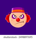 Halloween holiday cartoon clown emoji character. Spooky sinister funnyman with an angry face expression, fiery eyes, and red nose. isolated vector evil funster emoticon for festive messages and chats