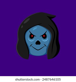 Caricatura de emoji de la muerte de la caricatura de la festividad de Halloween usando una capucha, exudando una vibra espeluznante y maliciosa. Carnicero de Vector aislado, parca o emoticono de cara de monstruo con piel azul y ojos rojos brillantes