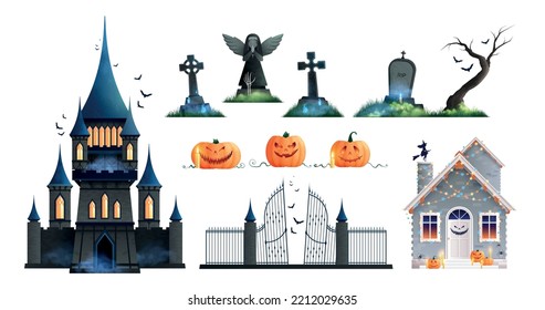 Halloween holiday cartoon elements set of old gothic castle cemetery gates and grave crosses isolated on white background vector illustration