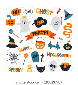Halloween holiday cartoon illustration set on white background. Cute hand drawn characters, elements and letters. 