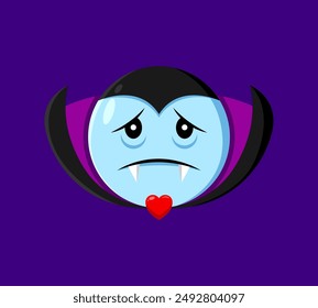 Caricatura de vacaciones de Halloween triste personaje de emoji vampiro. Vector pálido ghoul cara emoticono molesto con colmillos y capa. Contador infeliz, melancólico y espeluznante Drácula, emoción chupasangres para charlas festivas