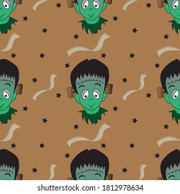 Halloween holiday cartoon seamless pattern background with frankenstein and calico ribbon hand drawing elements vector illustration