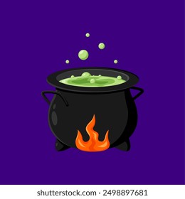 Halloween holiday cartoon witch cauldron emoji, magic pot with green potion. Vector steel boiler with boiling magic brew or goo. Isolated evil item for wizardry, sorceress or mage, kettle with poison