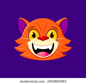 Emoji de gato de Halloween. Personaje felino de dibujos animados con amplios ojos amarillos, pelaje rojo y sonrisa dentada juguetonamente fantasmagórica. Vector aislado emoción animal linda y espeluznante para mensajes y publicaciones festivas