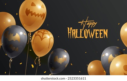 Halloween holiday celebration banner orange black balloons on a black background
