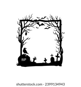 Halloween holiday celebration black frame. Black magic or sorcery spooky banner, Halloween horror creepy vector frame with crow on, cemetery gravestone and cross, dry tree, flying bat and zombi hand