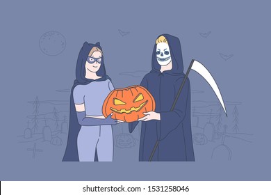 Halloween holiday celebration concept. Wonderful boy and girl in halloween costumes. Young couple in love holds pumpkin in their hands in cemetery. Simple flat vector.