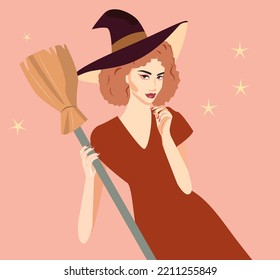 Halloween holiday celebration, fantasy and magic on all hallows eve in autumn season.  vector. A witch in a hat is holding a broom in her hands. A redhead girl in a witch's hat. Halloween outfits