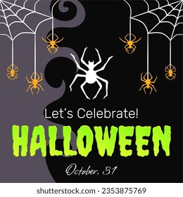 Halloween holiday celebration postcard, party announce, decorative card, background with draining green mucus text and spiders. Vector illustration.