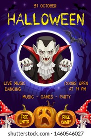 Halloween holiday celebration poster with Dracula and pumpkin lantern. Vector Halloween trick or treat party, amanita mushrooms, scary witch bats and zombie monsters in moonlight at cemetery graveyard