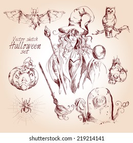 Halloween holiday celebration sketch decorative elements set isolated vector illustration