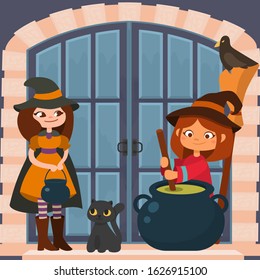 Halloween holiday celebration vector illustration. Two young smiling funny woman little girl witches with black cat, crow, cauldron and broom make brew potion at gate door. Halloween night.
