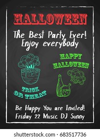 Halloween holiday chalk poster for night party. Textured blackboard and witch accessories. Template for advertising design.