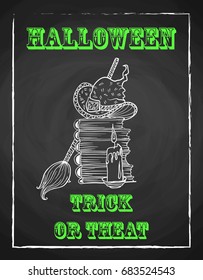 Halloween holiday chalk poster for party. Textured blackboard and witch accessories, hat, candle and stack of old books, broom. Trick or threat. Template for advertising design.