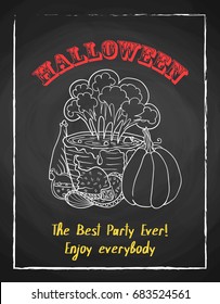 Halloween holiday chalk poster for party. Textured blackboard and witch accessories, pot with potion, pumpkin and hat. Template for advertising design.