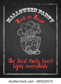 Halloween holiday chalk poster for party. Textured blackboard and witch accessories, pot with potion and hat. Trick or treat. Template for advertising design.