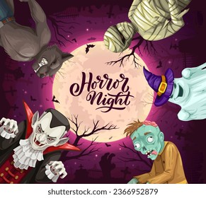 Halloween holiday characters at cemetery. Vector sinister ghost, werewolf, zombie, vampire, and mummy amidst the moonlit graveyard, converge in a macabre spectacle, invoking the spirit of the season