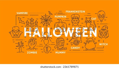 Halloween holiday characters in line art banner with pumpkin lanterns, horror monsters and ghosts, vector background. Halloween holiday vampire bat, mummy and frankenstein with dead zombie hand