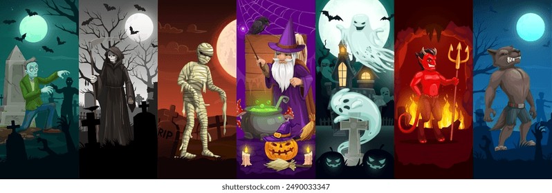 Halloween holiday characters. Vector collage with cartoon spooky monsters at horror night. vertical cards with scary zombie and mummy, grim reaper, werewolf, wizard, ghosts and devil at moony cemetery