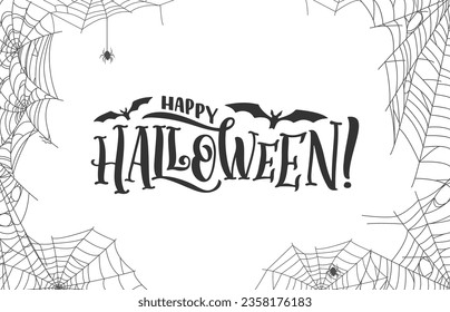 Halloween holiday cobweb and spiders frame with bats, vector spooky background. Happy Halloween greeting card or horror night trick or treat party spiderweb in corners of frame border for Halloween