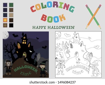 Halloween Holiday Colorful coloring page of book for kids and adult for education and fun. with palette, simply cartoon vector illustration with unique comic characters 
