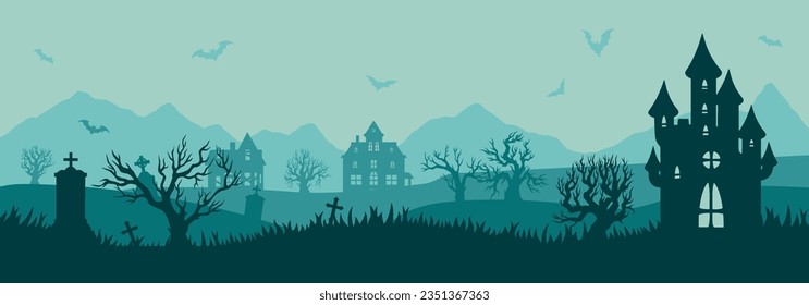 Halloween holiday colorful horizontal banner with sinister castles of witches or werewolves and graves near bats vector illustration