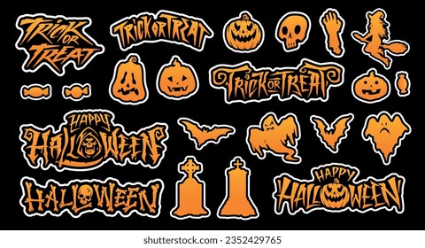 Halloween holiday colorful set logotypes with pumpkins and treats or skull and flying witch near headstones vector illustration