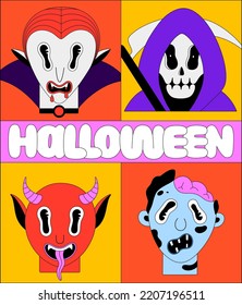 Halloween holiday. Colorful spooky fantasy characters in frames. Vampire Dracula, grim reaper, devil, zombie. Cartoon scary portraits and lettering. Black outline. Poster, print on clothes, postcard