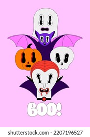 Halloween holiday. Colorful spooky fantasy characters on pink background. Vampire Dracula, bat, pumpkin, skull, ghost. Boo lettering. Cartoon scary portraits. Poster, print on clothes, postcard