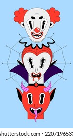 Halloween holiday. Colorful spooky fantasy characters on blue background. Vampire Dracula, bat, red devil, creepy clown. Cartoon scary portraits. Black outline. Poster, print on clothes, postcard