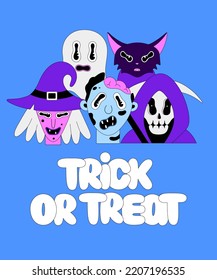 Halloween holiday. Colorful spooky fantasy characters on blue background. Witch, zombie, grim reaper, ghost, cat. Trick or treat lettering. Cartoon scary portraits. Poster, print on clothes, postcard