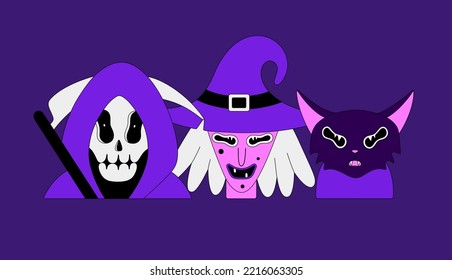Halloween holiday. Colorful spooky fantasy characters on dark purple background. Grim reaper, witch, cat. Cartoon scary portraits. Poster, print on clothes, postcard