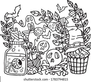 Halloween holiday coloring book stock illustration antistress with skull, candy, magic potions, bones, berries, food, hat, bat. Vector illustration for art therapy, coloring, for greeting cards.