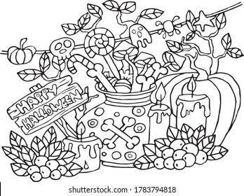 Halloween holiday coloring book stock illustration antistress with pumpkin, candles, candies, magic potions, bones, berries, mushrooms. Vector illustration for art therapy, coloring.