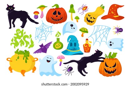 Halloween holiday comic horror cartoon set. Black cat, pumpkin, hat spider web symbolic flat design. Magic hag cauldron bat, toxic mushroom, wizard potion poison bottle. Vector illustration