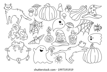Halloween holiday comic horror line cartoon set. Black cat, pumpkin, hat spider web symbolic doodle design. Magic hag cauldron bat, toxic mushroom, wizard potion poison bottle. Vector illustration